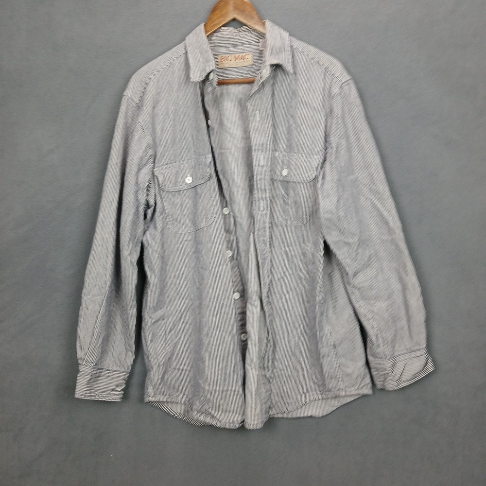 Vintage Big Mac Shirt Mens LT Black White Cotton Striped Shirttail Hem Button Up